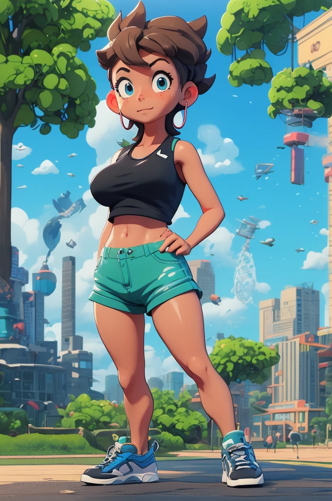 tanned, energetic, athletic, mature woman, gray short hairstyle, blue eyes, big breasts, big ass, ear rings, green sports tank top, blue sports shorts, tight, black sports shoes, hottest, in sexy pose, in a park, ecchi anime, cinematic, dramatic, masterpiece, dynamic view, full body,