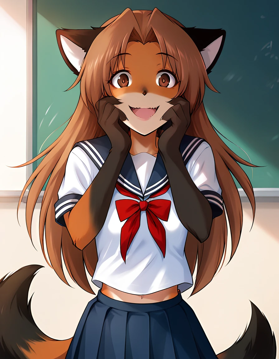 score_9, score_8_up, score_7_up, score_6_up, score_5_up, score_4_up, rating_explicit, source_furry, female, cute anthro female, cute face, detailed background, looking at viewer, solo, solo focus, (no nipples, no vagina:1.2), (digital pen line-art, soft lines, soft shading, pinup, cartoon, anime:1.2), small breasts, long hair, tklaura,fox tail,skirt, (psycho open smile,yandere:1.4), (school uniform:1.4), school hall, hands on cheeks