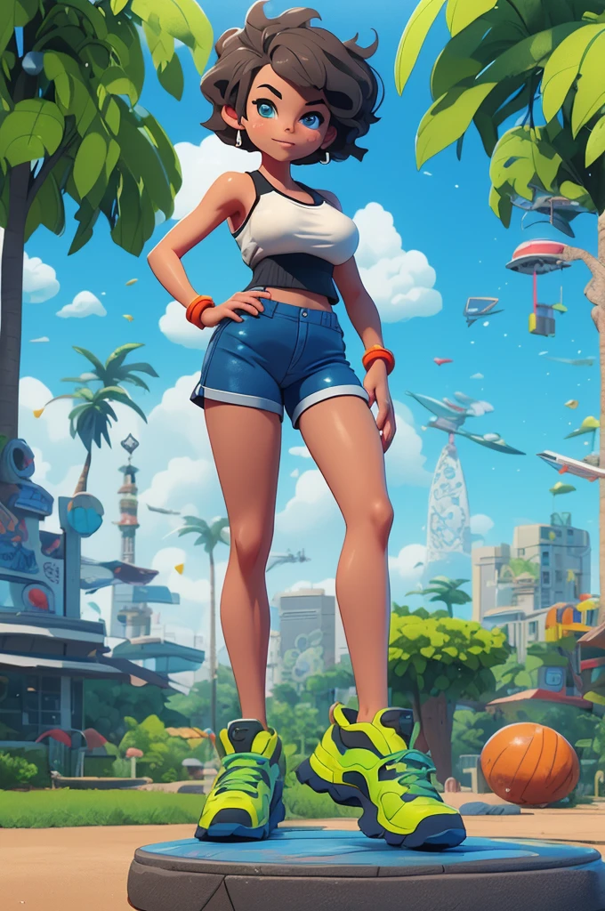 tanned, energetic, athletic, mature woman, gray short hairstyle, blue eyes, big breasts, big ass, ear rings, green sports tank top, blue sports shorts, tight, black sports shoes, hottest, in sexy pose, in a park, ecchi anime, cinematic, dramatic, masterpiece, dynamic back view, full body,