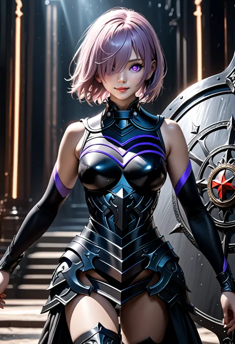 full body, (masterpiece), best quality, 1girl, (detailistic), dark armor, dark cross shield, mash kyrielight, light purple hair,...