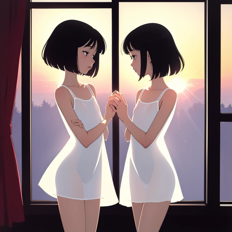 (masterpiece, Highest quality), One Girl，14 years old，Very short stature，Thin thighs，Flat Chest，slim, White short dress, Transparent Dress, See-through silhouette, Backlight, Backlight, Standing by the window, Bedroom, morning, sunlight, warm, Anime Minimalist, watercolor，hug a big teddy bear，