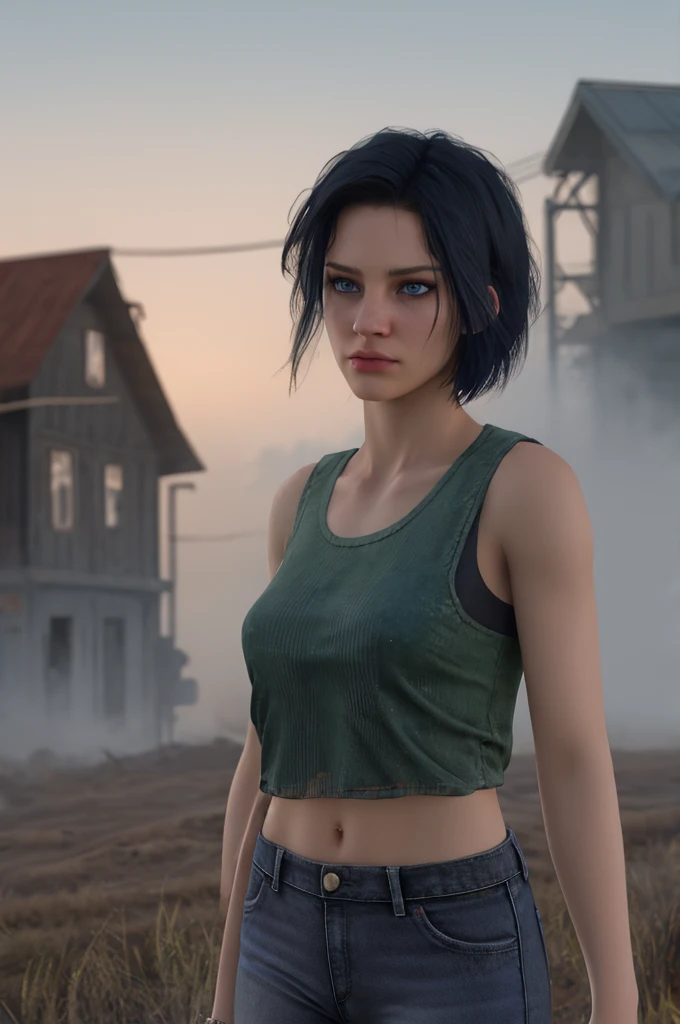 Cinematic film still, ((detailed facial features)), intricate details, shallow depth of field, [volumetric fog], cinematic lighting, 8k resolution, cinematic film,  ,  (((1 girl)))  (cowboy shot),  abanded town, Nea,black hair,blue eyes,undercut,shaved head,very short hair,side hair,hair to side, green tank top , black jeans,midriff, 