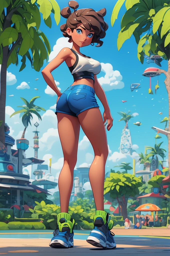 tanned, energetic, athletic, mature woman, gray short hairstyle, blue eyes, big breasts, big ass, ear rings, green sports tank top, blue sports shorts, tight, black sports shoes, hottest, showing her ass, in sexy pose, in a park, ecchi anime, cinematic, dramatic, masterpiece, dynamic back view, full body,