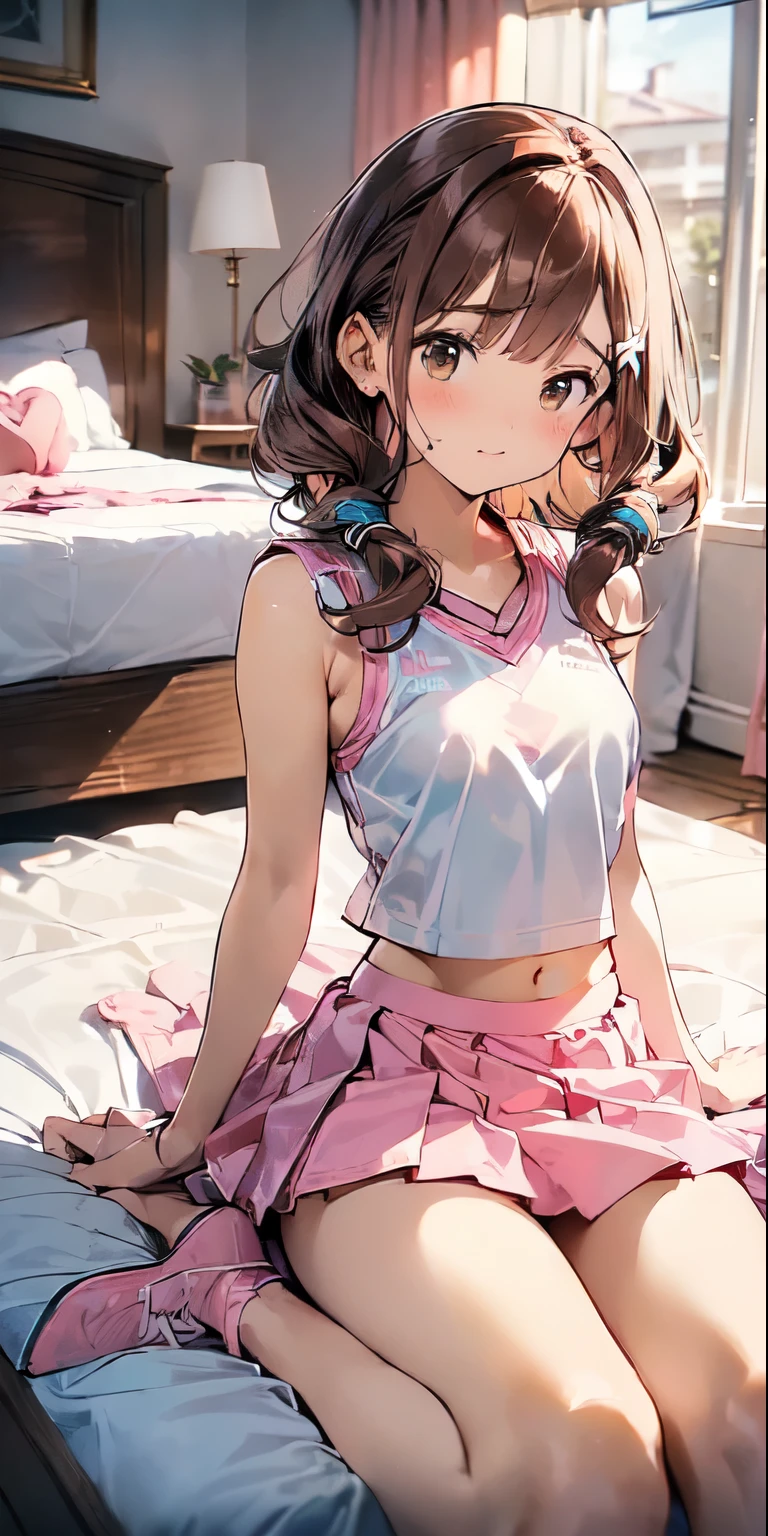 Anime girl sitting on bed with pink skirt and white shirt - SeaArt AI