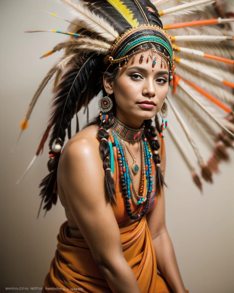 Hermosa mujer india Cherokee con hermosos tocados de color terracota, negro, doradas, cobre, perla, blanco y beige, plumas hechas de neón brillante de varios colores, flares on camera, bokeh, noche de luna llena
