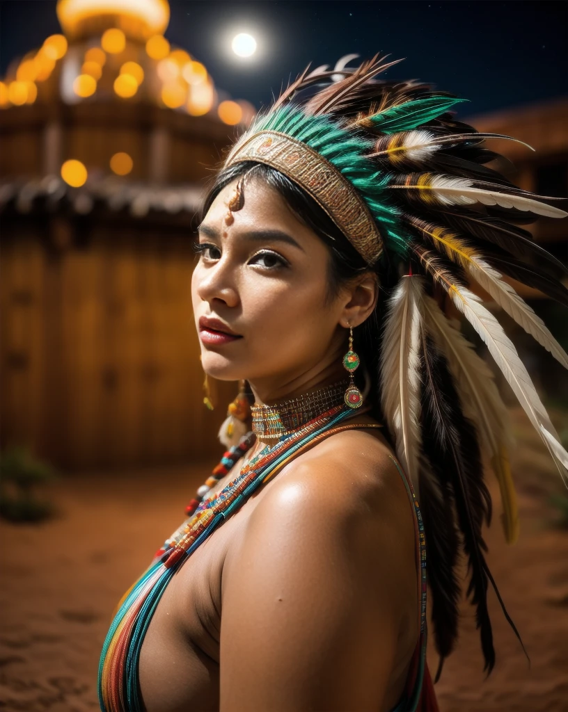 Belle femme indienne Cherokee avec de belles coiffes couleur terre cuite, noir, doré, cuivre, perle, blanc et beige, plumes faites de néon brillant de différentes couleurs, fusées éclairantes devant la caméra, bokeh, nuit de pleine lune
