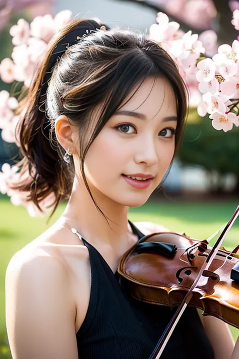 (a gorgeous lady, age 18, she is playing a violin, cherry blossoms festival, dimples, focused expression, cute snaggle-tooth, sh...