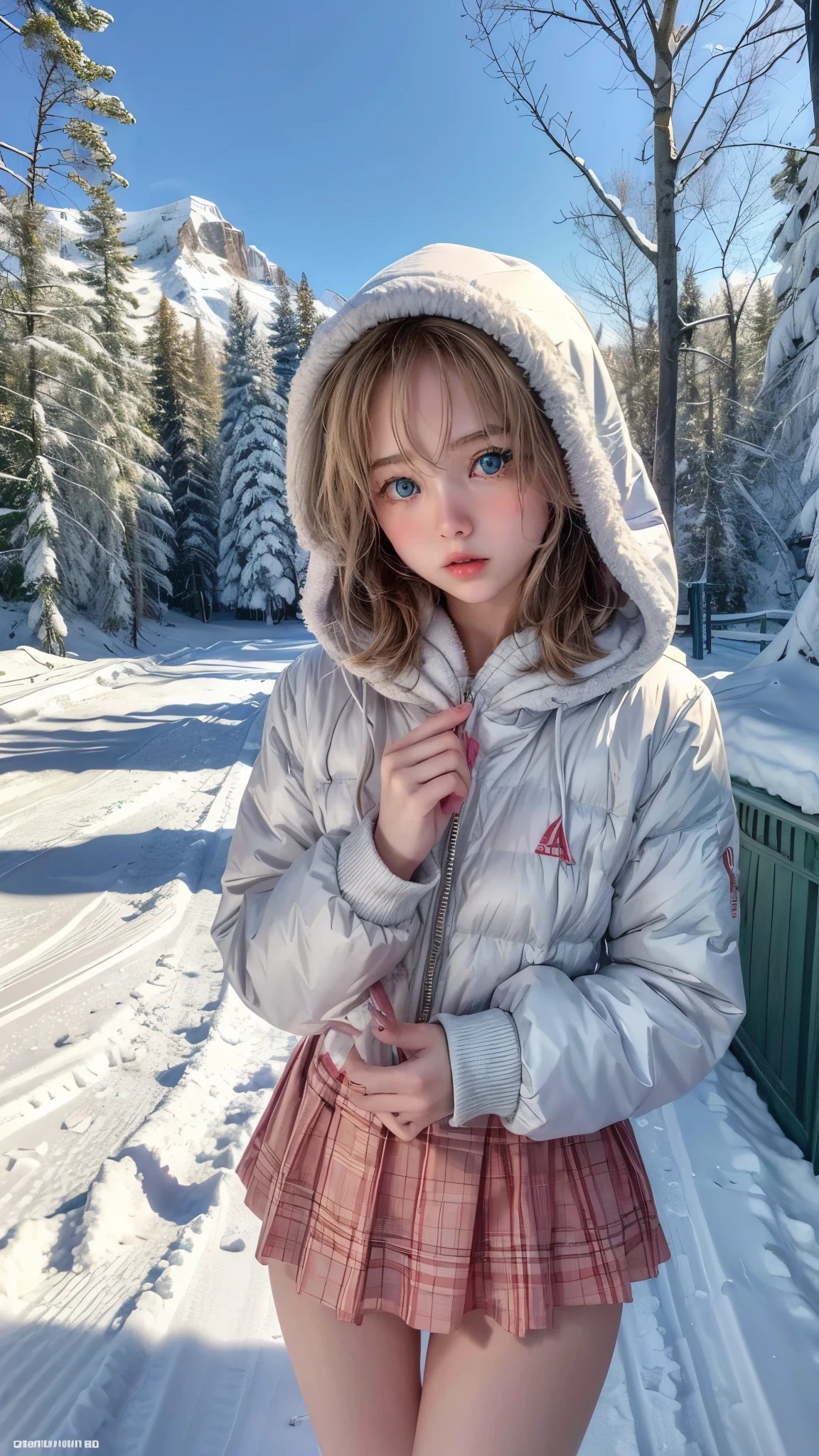 ((RAW photo, masterpiece, 16k, high detail, realistic, absurdres, uhd, wallpaper, best quality)), 1 girl, playful, winter outfit, snowy, super cute, , Russian, age 12, sexy, perfect eyes, blue eyes, no makeup, blonde hair, hood, flat chest, slim, athletic, small butt, standing, background mountain with snow, trees, ski landing
 