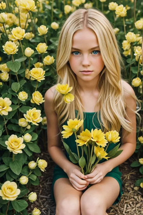 The cover for a youth book with a girl with blonde hair and green eyes on it. There are a lot of flowers around you, open and al...