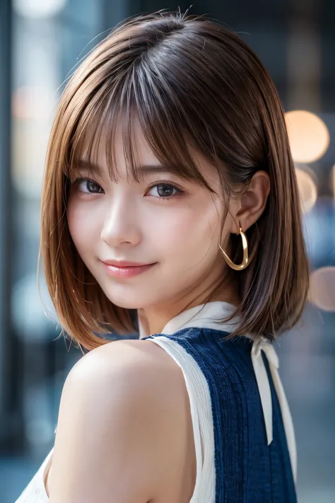 Upper Body、Beauty、Well-formed face、20-year-old、Uniform eyes、Small face、, light brown hair, hair over shoulder, parted bangs, str...