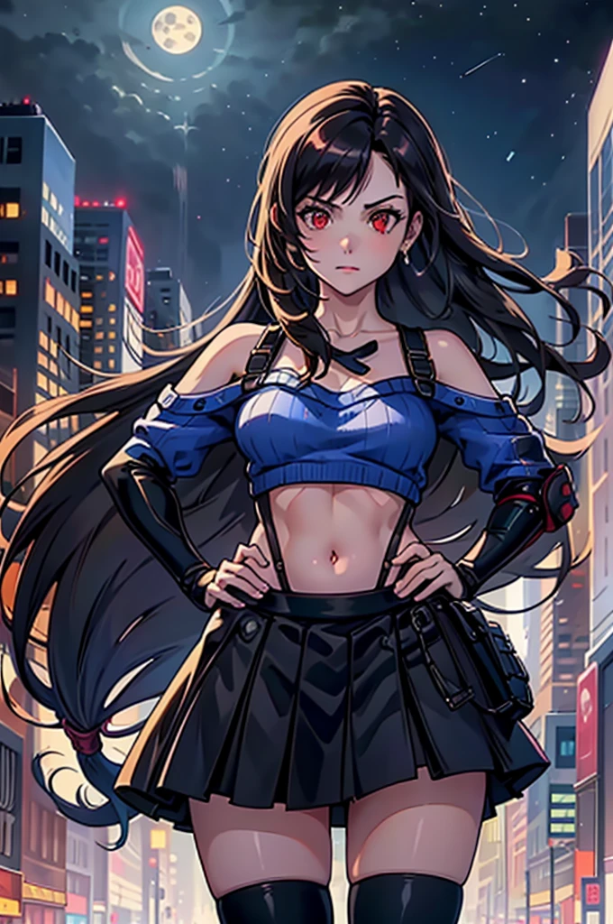 perfect eyes:1.2, detailed eyes:1.4, serious, hand on hip, night, city, metTifa, red eyes, low-tied long hair, earrings, cropped sweater, blue sweater, off-shoulder, short sleeves, suspender skirt, elbow gloves, armored legwear, medium full shot, thigh-level shot, 1girl,(masterpiece:1.6, best quality),
