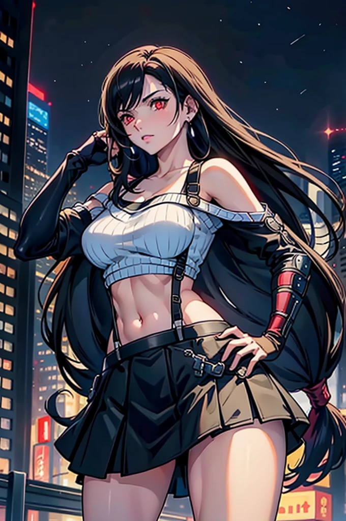 perfect eyes:1.2, detailed eyes:1.4, serious, hand on hip, night, city, metTifa, red eyes, low-tied long hair, earrings, cropped sweater, blue sweater, off-shoulder, short sleeves, suspender skirt, elbow gloves, armored legwear, medium full shot, thigh-level shot, 1girl,(masterpiece:1.6, best quality),
