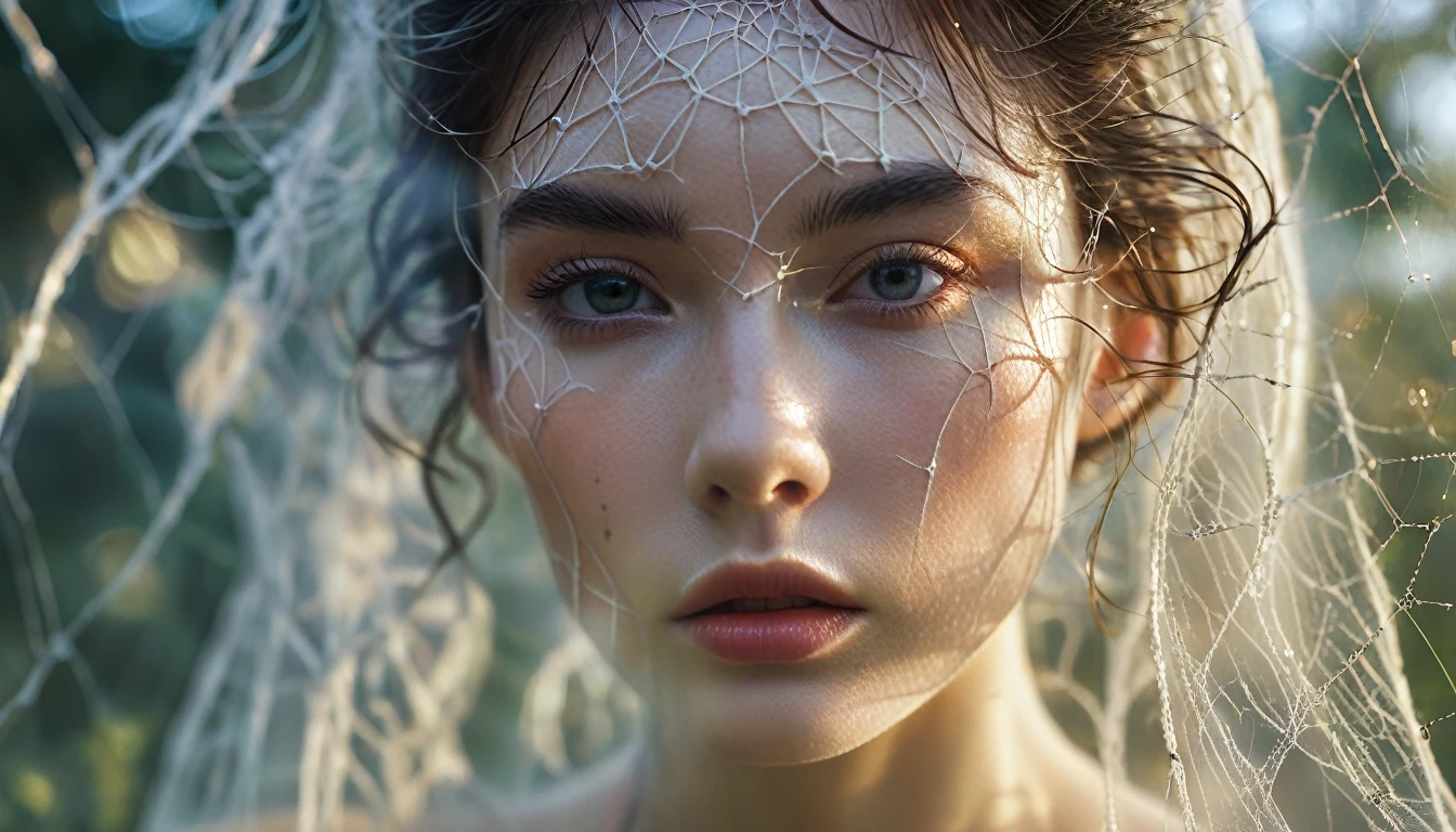 Ethereal, surreal photo of a woman with intricate web-like structures on her face and head, background soft and blurry to enhance the ethereal quality, woman looking directly at the camera with a neutral expression, close-up portrait focusing on the face and upper shoulders, in a misty, soft-focus setting, under soft, diffused lighting emphasizing the texture of the web structures, eye-level shot, taken with a Nikon D850 and a 105mm f/2.8 macro lens, in the style of Tim Walker