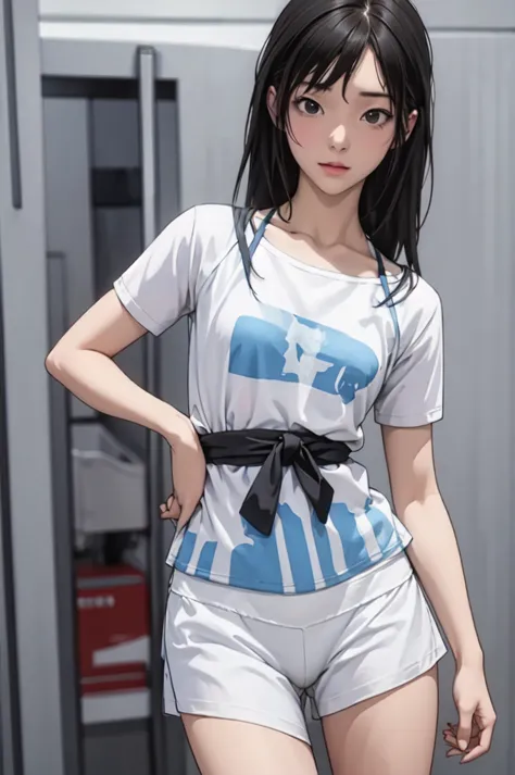 ((masterpiece, best quality)), 1 Girl, solo, Blurred Background, (((Small breasts))), Thighs, (Stripe underwear), T-Shirts,