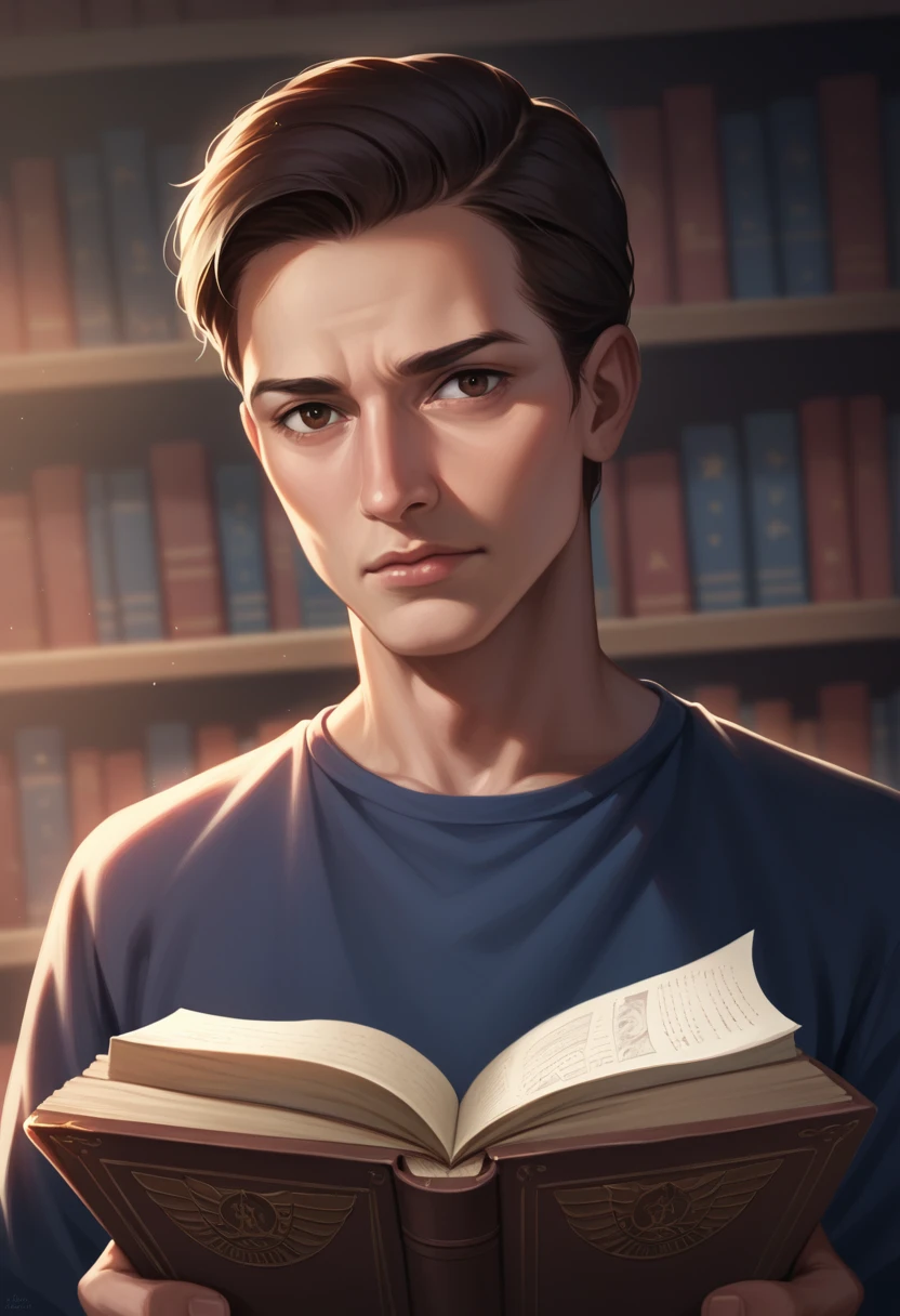 A native student from Central America, of mature age, around his 40s, short dark brown hair; dark complexion, dark brown eyes; He is in a large library, surrounded by many beautifully arranged and decorated bookshelves. He holds a book in his hands that he reads with great interest, as if he wanted to be part of the story, concentrated expression, warm lighting, photorealistic, 4k, high resolution, hyperrealistic, incredibly detailed, masterpiece, studio lighting, physically-based rendering, portrait, dramatic lighting, warm colors, cozy atmosphere