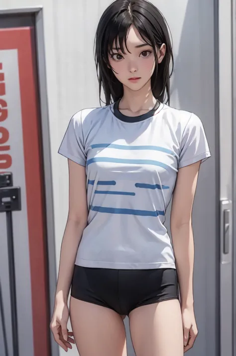 ((masterpiece, best quality)), 1 girl, solo, blurred background, (((small breasts))), thighs, (stripe underwear), t-shirts,