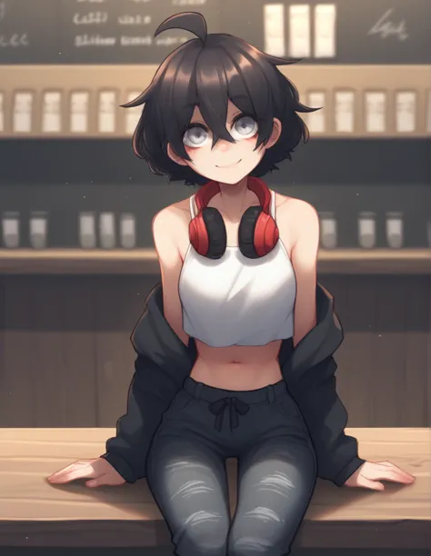 1 girl, alone, ppka, black fur, short hair, messy fur, ahoge, parts, parts por todo el cuerpo, grey eyes, blind, cute smile look...