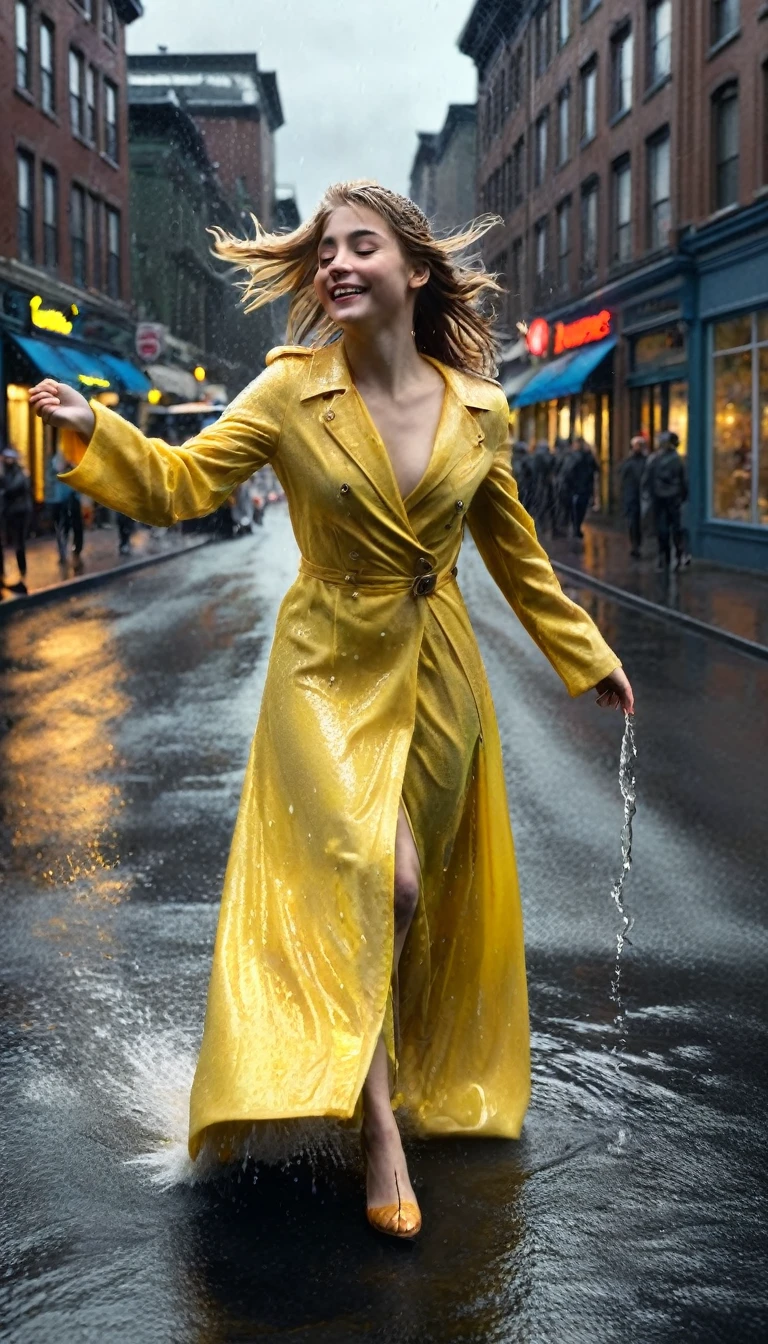 Crea una imagen de Elsa bailando alegremente bajo una fuerte lluvia en una calle solitaria en una ciudad canadiense . Ella lleva un vestido azul y amarillo , completamente empapado, y rezuma felicidad, aprovechar al máximo el momento presente. La rue comprend des flaques d'eau et des gouttes de pluie visibles, capturando la esencia de la atmósfera lluviosa. La imagen debe ser hiperrealista., parecido a una foto de alta resolución 16k con detalles excepcionales.