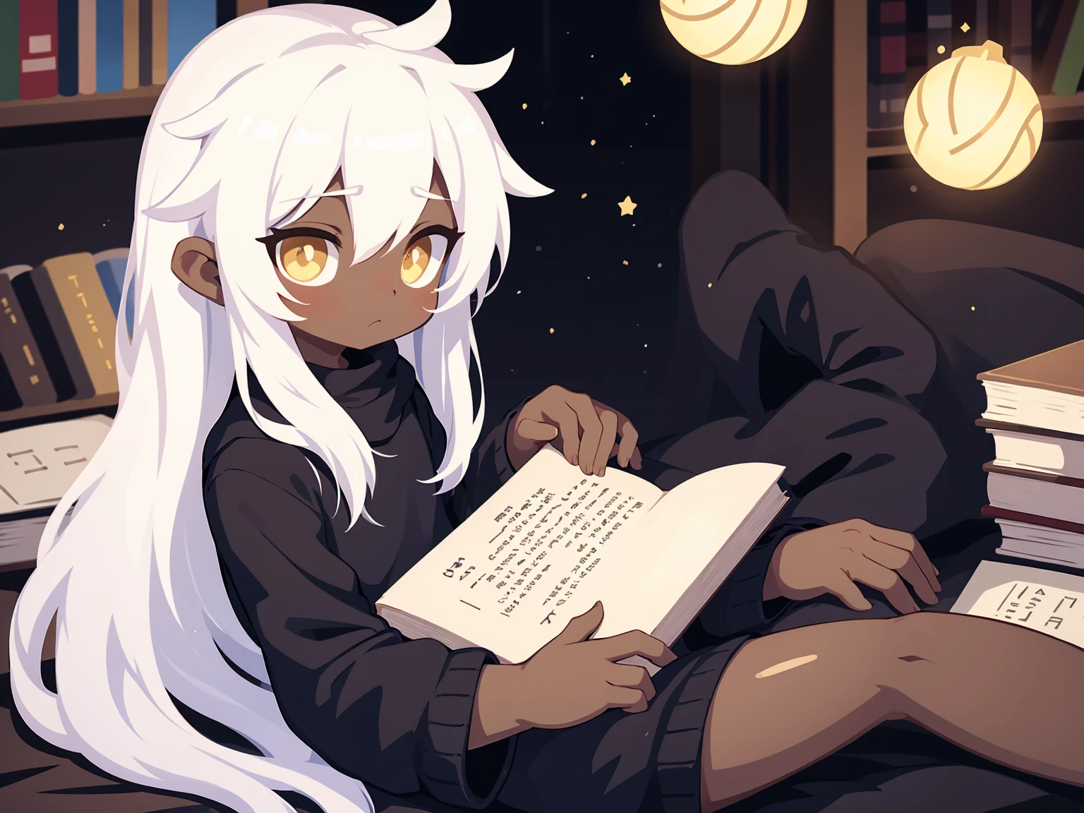 Ein Junge mit langen weißen Haaren, gelbe Augen, dunkle Haut, Niedlich, mit Buch, Verlegung, Bücher zum Thema Hintergrund