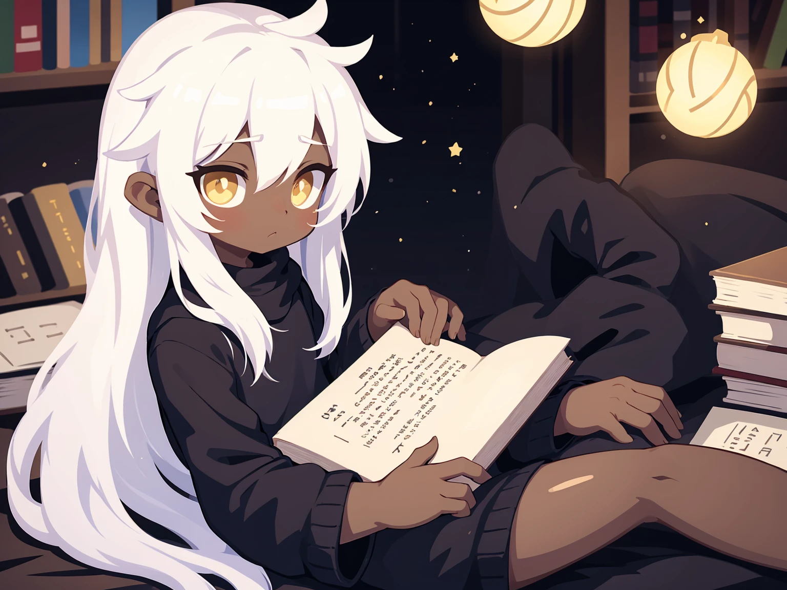 a boy with long white hair, yellow eyes, dark skin, cute, with book, laying, books on background