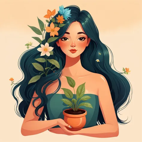 a woman holding a pot with a plant in it, jen bartel, a beautiful artwork illustration, beautiful digital illustration, flowers ...