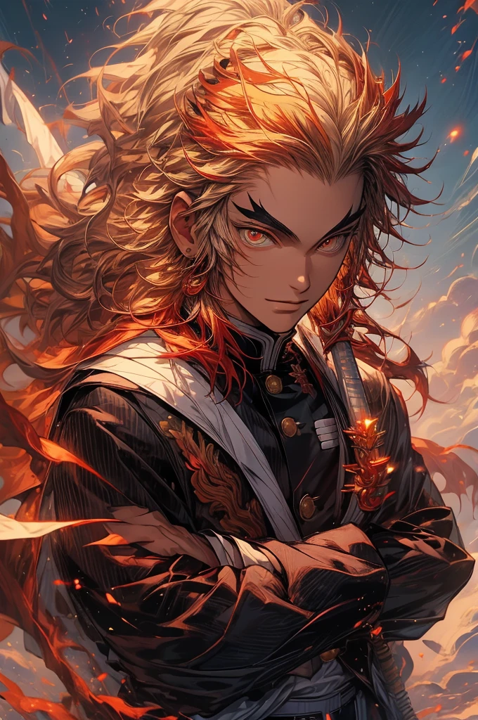 (masterpiece, best quality:1.2), solo, male focus, 1boy, rengoku kyojuro, smile, incrsunsheathingakatanameme, sheath, holding sheath, long hair, forked eyebrows, demon slayer uniform, black jacket, long sleeves, white cape