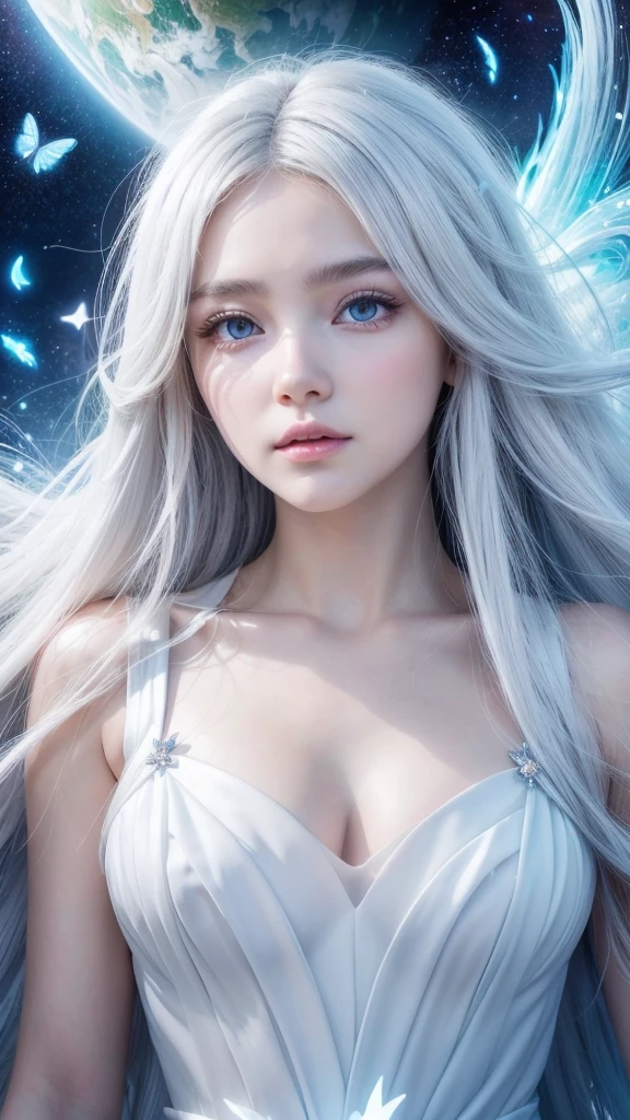 Goddess Soft face cosmic white shining eyes long cosmic bright white hair floating like waves in the air long cosmic bright white dress with cosmic white crystal butterflies 