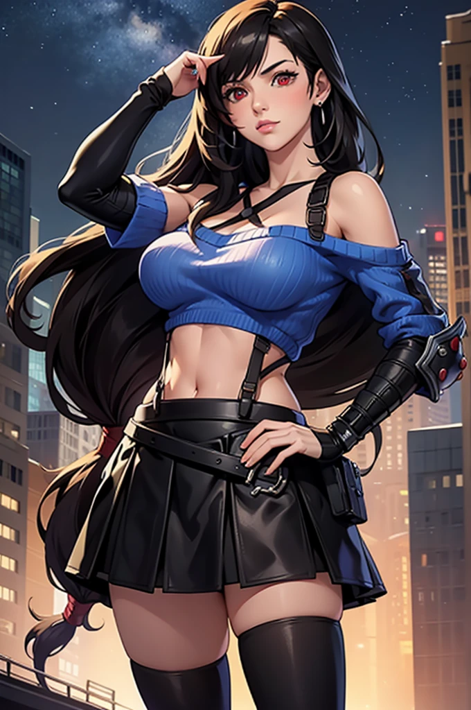 perfect eyes:1.2, detailed eyes:1.4, serious, hand on hip, night, city, metTifa, red eyes, large breasts, low-tied long hair, earrings, cropped sweater, blue sweater, off-shoulder, short sleeves, suspender skirt, elbow gloves, armored legwear, medium full shot, thigh-level shot, 1girl,(masterpiece:1.6, best quality),
