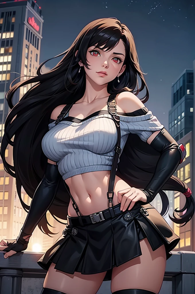 perfect eyes:1.2, detailed eyes:1.4, serious, hand on hip, night, city, metTifa, red eyes, large breasts, low-tied long hair, earrings, cropped sweater, blue sweater, off-shoulder, short sleeves, suspender skirt, elbow gloves, armored legwear, medium full shot, thigh-level shot, 1girl,(masterpiece:1.6, best quality),
