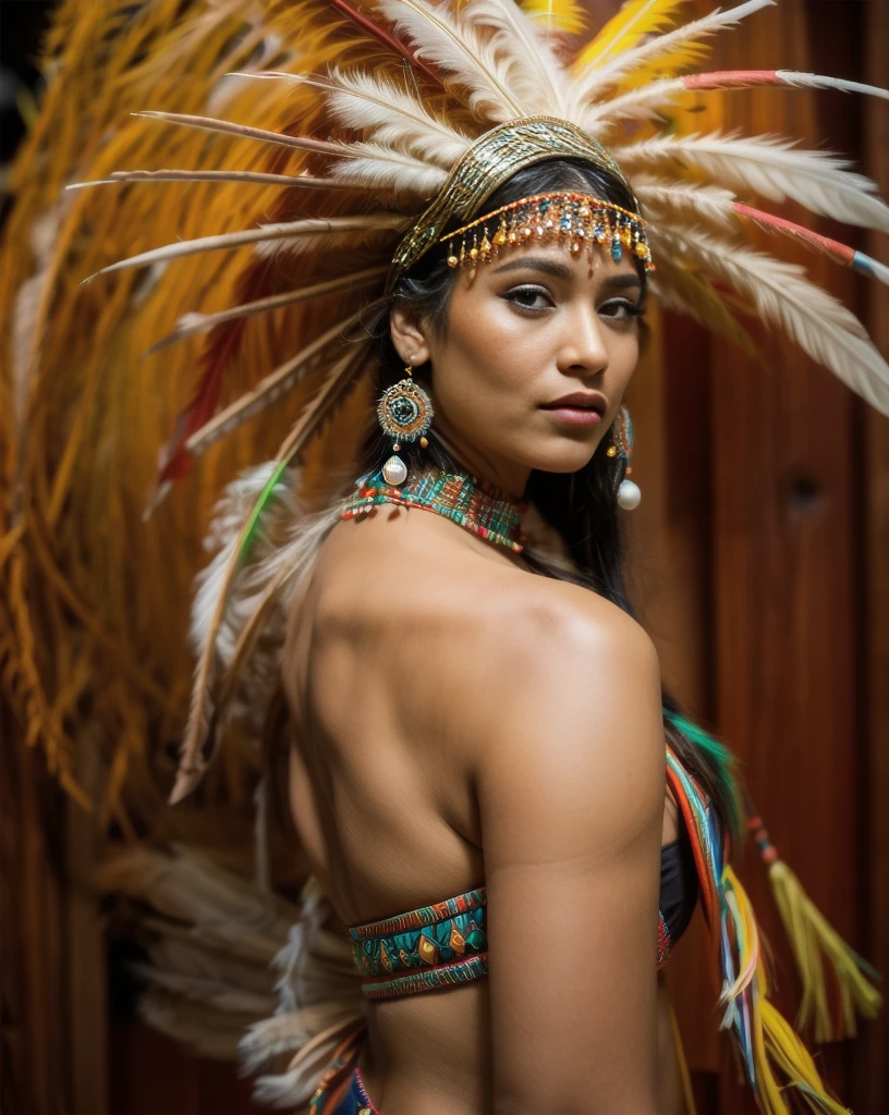 美丽的切罗基印第安妇女，头戴美丽的赤土色头饰, 黑, 金的, 铜, 珍珠, 白色和米色, 用各种颜色的明亮霓虹灯制成的羽毛, 相机上的闪光, 散景, 月圆之夜
