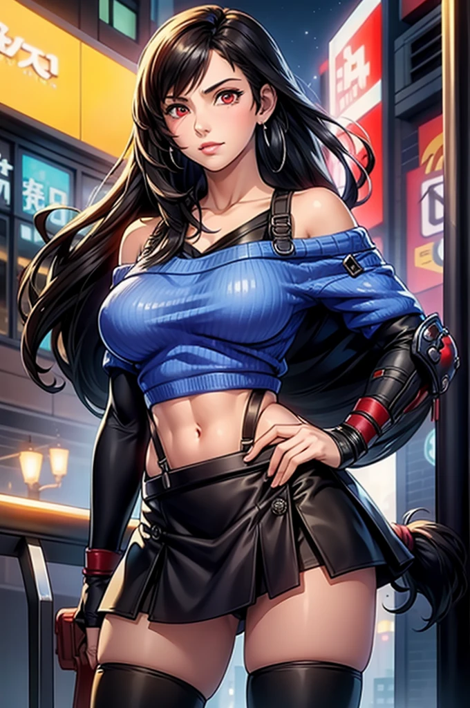 perfect eyes:1.2, detailed eyes:1.4, serious, hand on hip, night, city, metTifa, red eyes, large breasts, low-tied long hair, earrings, cropped sweater, blue sweater, off-shoulder, short sleeves, suspender skirt, elbow gloves, armored legwear, medium full shot, thigh-level shot, 1girl,(masterpiece:1.6, best quality),
