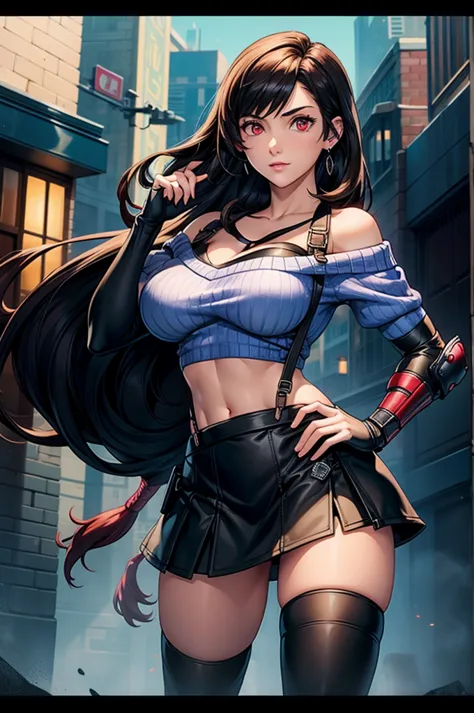 perfect eyes:1.2, detailed eyes:1.4, serious, hand on hip, night, city, metTifa, red eyes, large breasts, low-tied long hair, ea...