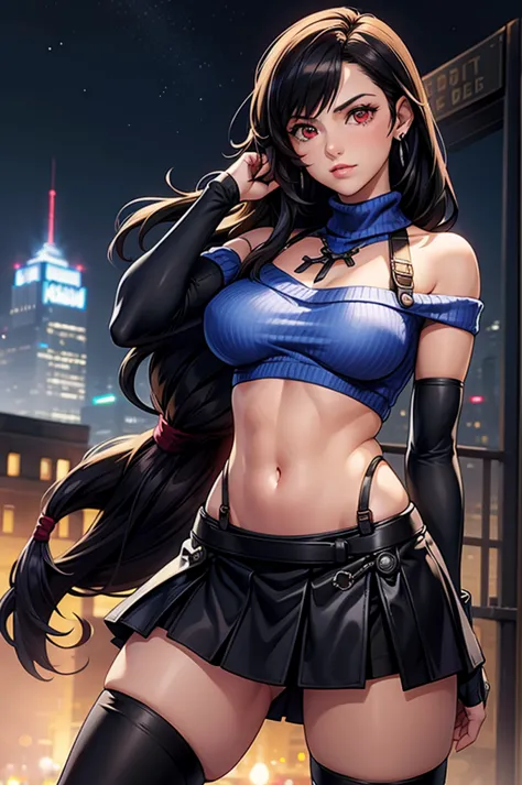 perfect eyes:1.2, detailed eyes:1.4, serious, hand on hip, night, city, metTifa, red eyes, large breasts, low-tied long hair, ea...