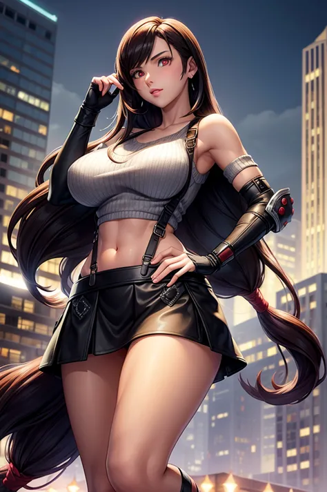 perfect eyes:1.2, detailed eyes:1.4, serious, hand on hip, night, city, metTifa, red eyes, large breasts, low-tied long hair, ea...