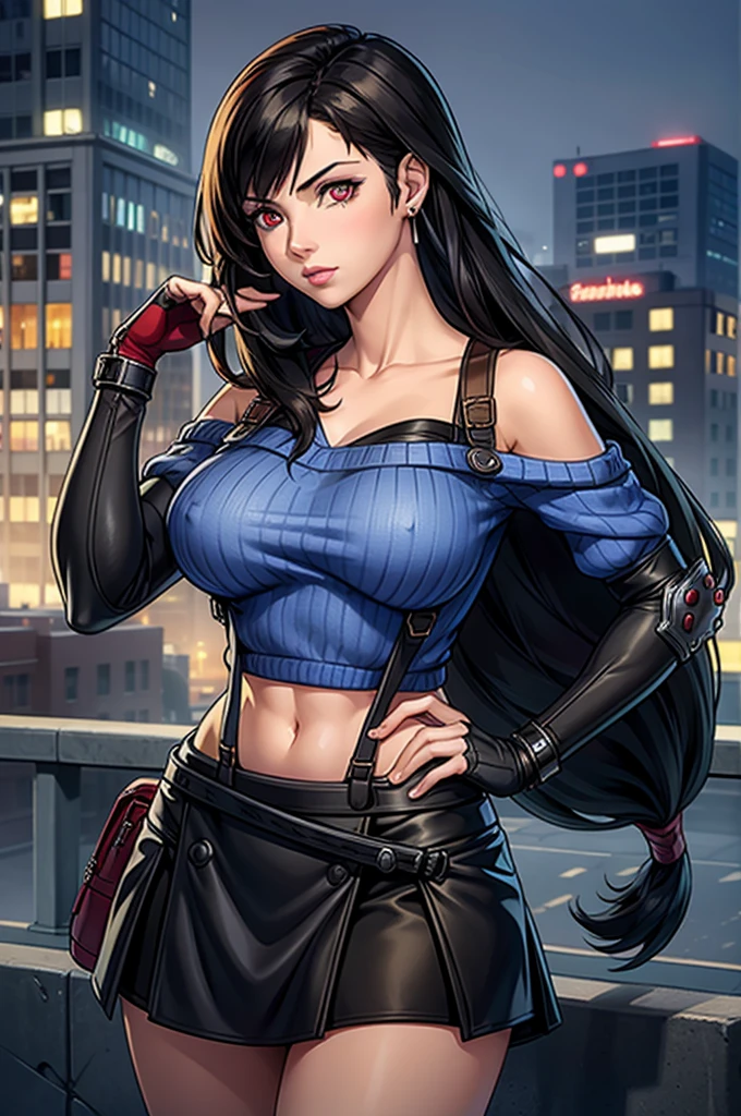 perfect eyes:1.2, detailed eyes:1.4, serious, hand on hip, night, city, metTifa, red eyes, large breasts, low-tied long hair, earrings, cropped sweater, blue sweater, off-shoulder, short sleeves, suspender skirt, elbow gloves, armored legwear, medium full shot, thigh-level shot, 1girl,(masterpiece:1.6, best quality),
