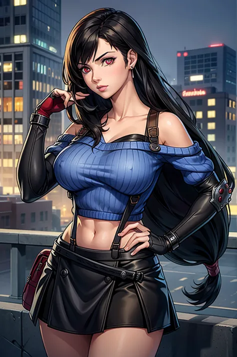 perfect eyes:1.2, detailed eyes:1.4, serious, hand on hip, night, city, metTifa, red eyes, large breasts, low-tied long hair, ea...