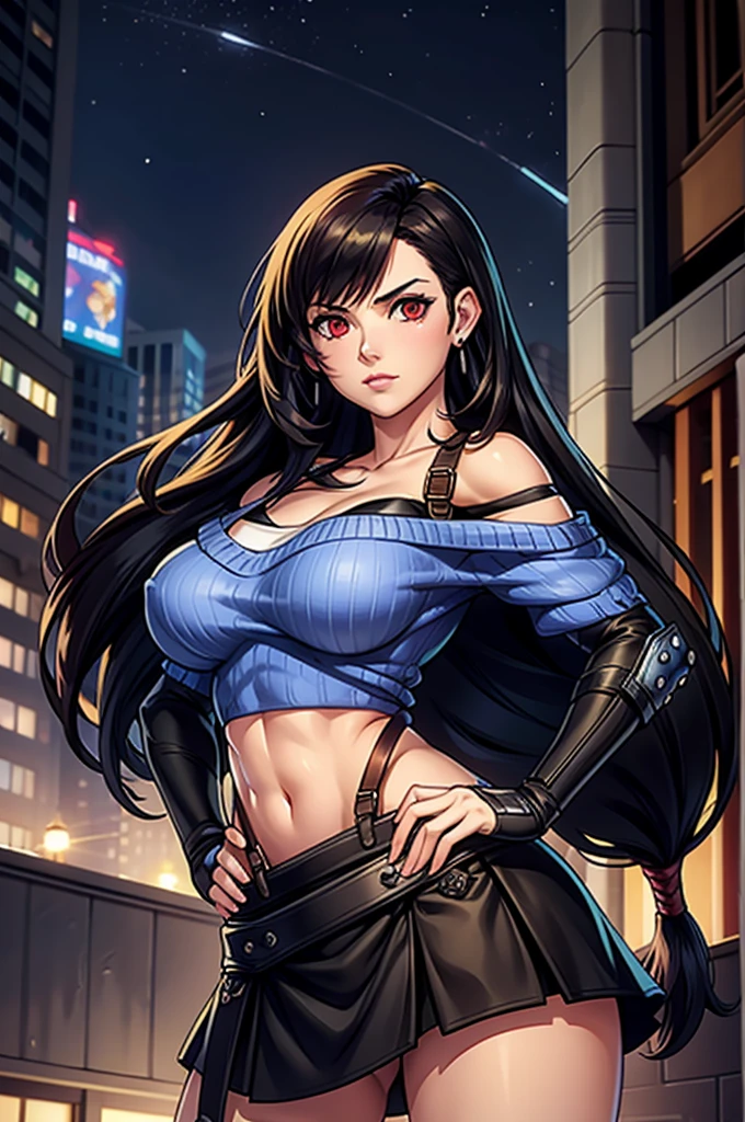 perfect eyes:1.2, detailed eyes:1.4, serious, hand on hip, night, city, metTifa, red eyes, large breasts, low-tied long hair, earrings, cropped sweater, blue sweater, off-shoulder, short sleeves, suspender skirt, elbow gloves, armored legwear, medium full shot, thigh-level shot, 1girl,(masterpiece:1.6, best quality),
