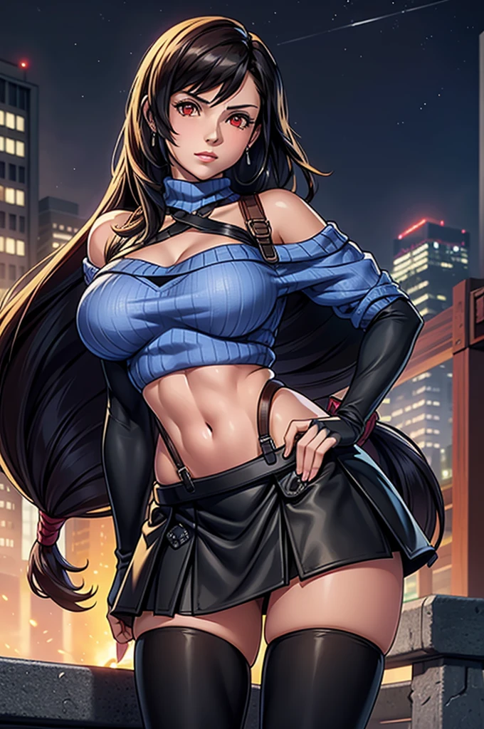 perfect eyes:1.2, detailed eyes:1.4, serious, hand on hip, night, city, metTifa, red eyes, large breasts, low-tied long hair, earrings, cropped sweater, blue sweater, off-shoulder, short sleeves, suspender skirt, elbow gloves, armored legwear, medium full shot, thigh-level shot, 1girl,(masterpiece:1.6, best quality),
