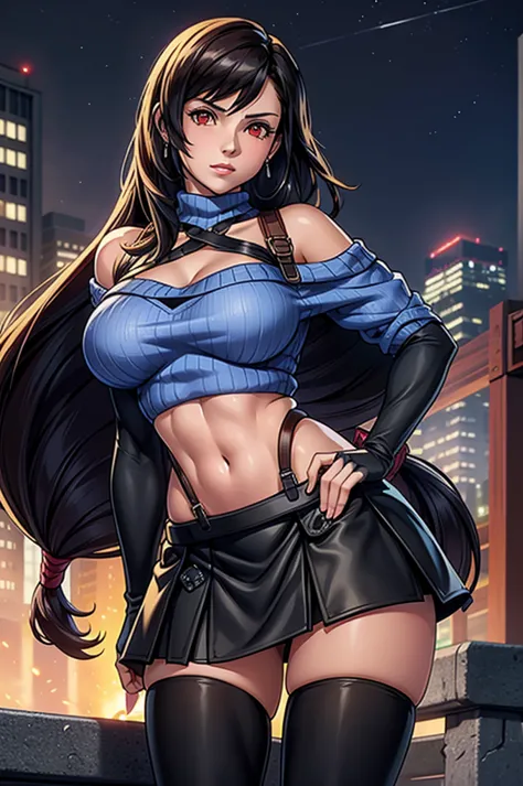 perfect eyes:1.2, detailed eyes:1.4, serious, hand on hip, night, city, metTifa, red eyes, large breasts, low-tied long hair, ea...