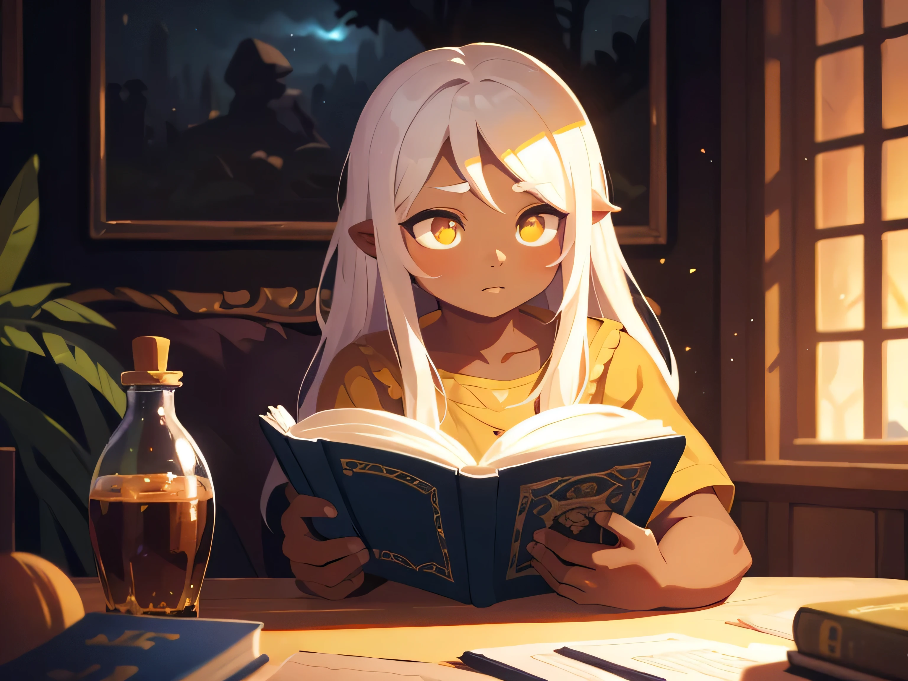 a boy with long white hair, yellow eyes, dark skin, cute, reading book, books on background, highly detailed, hyper realistic, cinematic lighting, 8K, award-winning digital art, intricate details, dramatic atmosphere, vibrant colors, natural lighting, photorealistic, oil painting, digital painting, fantasy, magical realism