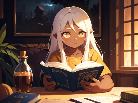 a boy with long white hair, yellow eyes, dark skin, cute, reading book, books on background, highly detailed, hyper realistic, c...
