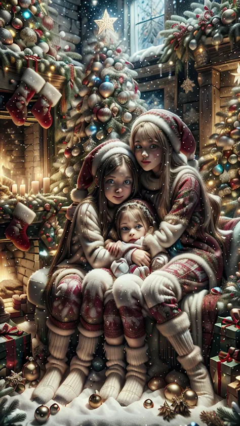 Masterpiece, absurd res, 8k, deep details, family Christmas postcard of three white 12yo sisters, pale skin, blue eyes, long bea...