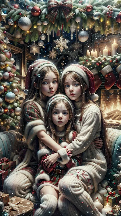 Masterpiece, absurd res, 8k, deep details, family Christmas postcard of three white 12yo sisters, pale skin, blue eyes, long bea...