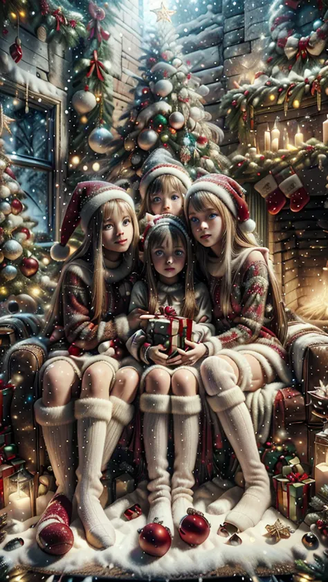 Masterpiece, absurd res, 8k, deep details, family Christmas postcard of three white 12yo sisters, pale skin, blue eyes, long bea...