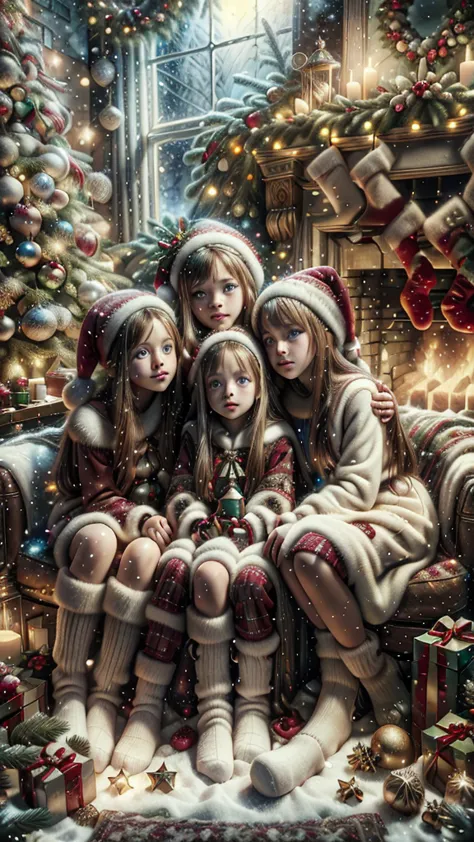 Masterpiece, absurd res, 8k, deep details, family Christmas postcard of three white 12yo sisters, pale skin, blue eyes, long bea...