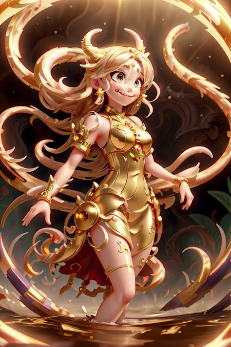  anime with long hair and red dress standing in the water with a big golden dragon, 4K anime art wallpaper, 8K anime art wallpap...