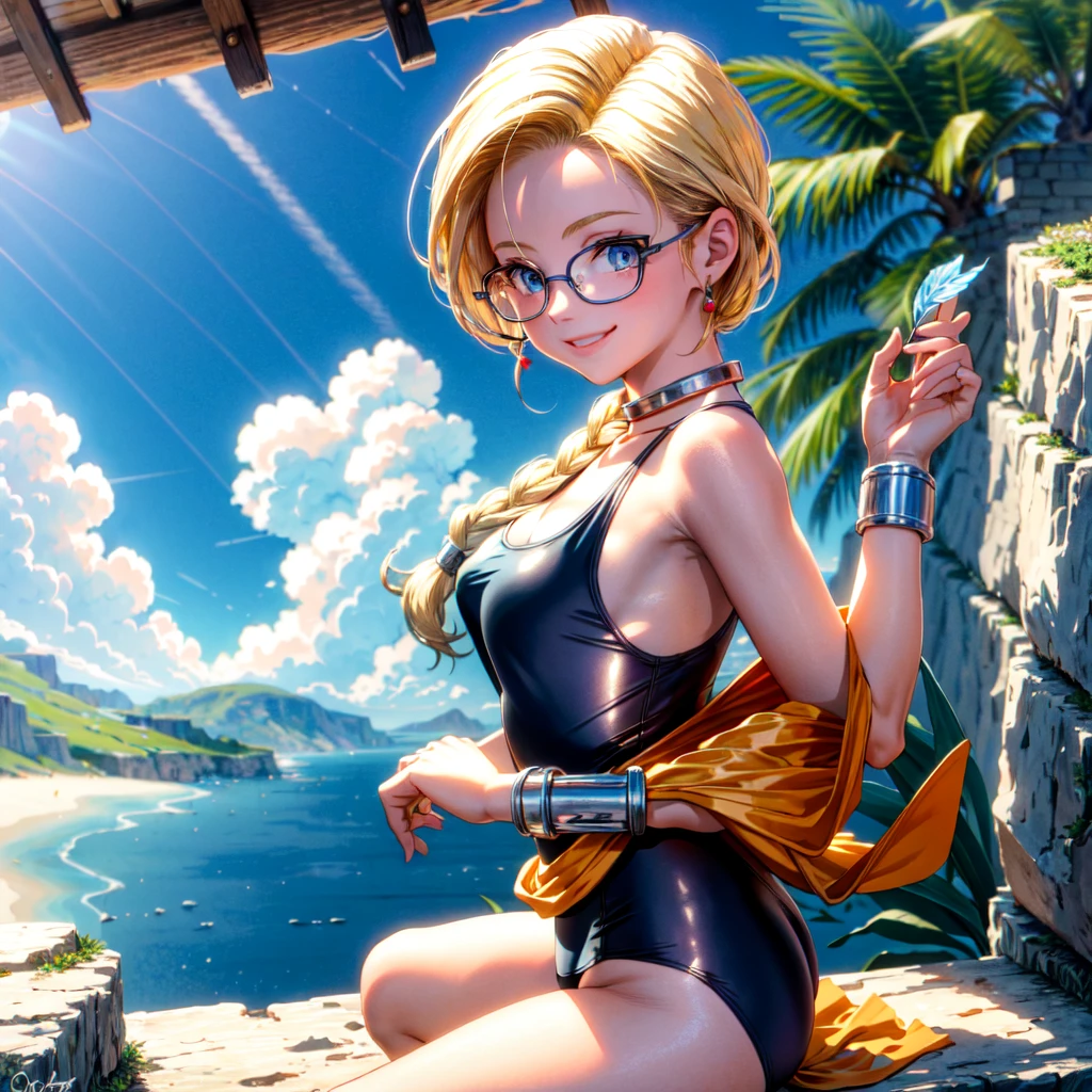 (masterpiece, highest quality:1.2), 1 girl, solo, 1 girl, Bianca, DQ5, illustration, anime style, long hair, blonde hair, single braid, over the shoulder hair, blue eyes, smiling, competitive swimsuit, bracelet, nature, outdoors, blue sky