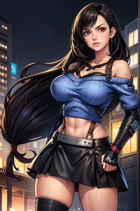 perfect eyes:1.2, detailed eyes:1.4, serious, hand on hip, night, city, metTifa, red eyes, large breasts, low-tied long hair, ea...