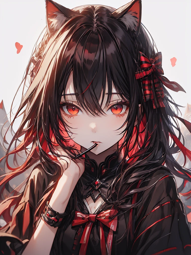 Cat ears with black and red ribbon、red Hair、red Badge、Checkmark clothing、I rest my head on my elbows and think about what to do.、✔、lollipop in mouth held with one hand, Convinced look 