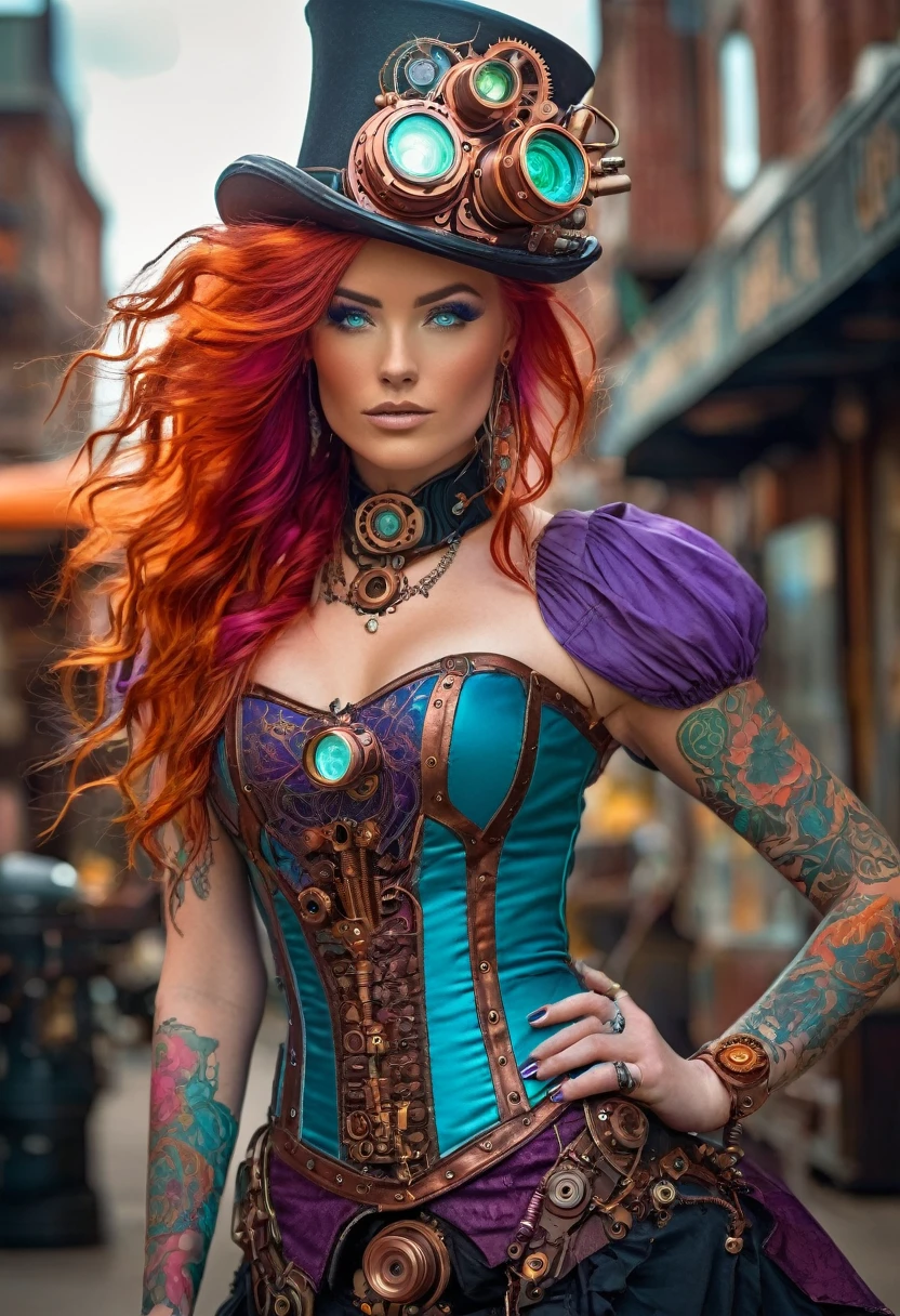 A stunning, ultra-high-resolution portrait of a captivating woman with mesmerizing red, pink, and purple hair, piercing aqua blue eyes, and intricate orange Celtic tattoos that seamlessly blend with copper steampunk components. She dons an antique copper top hat adorned with glowing vacuum tubes, wires, gears, and machinery, and a blue, pink, green, and purple steampunk dress. The enigmatic subject emanates a pensive and magical atmosphere while standing in the background of a large, busy, intricate steampunk city, creating a futuristic ambiance. The Sony FE GM lens captures every detail and texture, immersing the viewer in the mystical scene., portrait photography, photo, vibrant